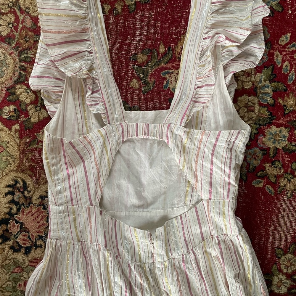 Gently preowned LOFT sundress pinafore lurex stripes ruffle hem 0 - Picture 4 of 10